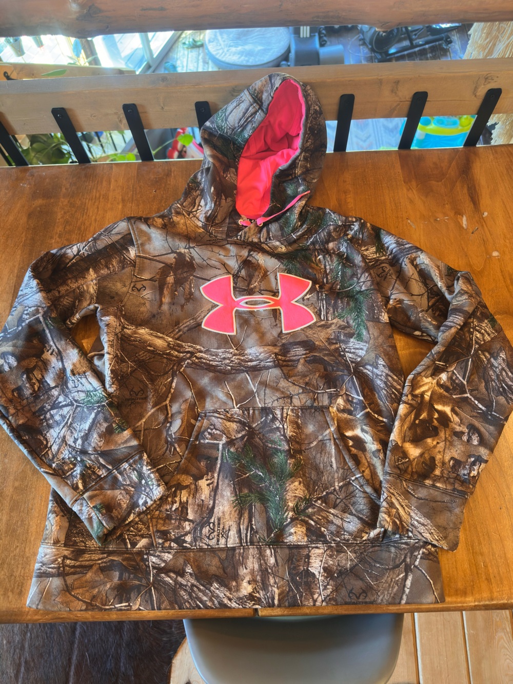 Under Armour Girls' Camo Hoodie with Pink Logo and Lined Hood